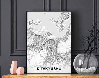 KITAKYUSHU Japan map poster black white Hometown City Print Modern Home Decor Office Decoration Wall Art Dorm Bedroom Gift