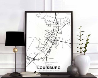 LOUISBURG North Carolina NC USA map poster black white Hometown City Print Modern Home Decor Office Decoration Wall Art Dorm Bedroom Gift