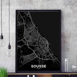 SOUSSE Tunisie carte affiche noir blanc ville natale ville impression moderne décor à la maison bureau décoration mur art dortoir chambre cadeau