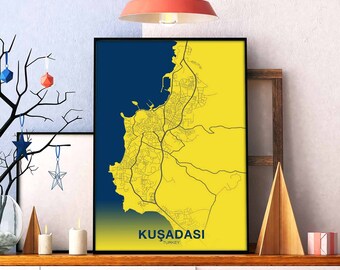 KUSADASI Turkey map poster color Hometown City Print Modern Home Decor Office Decoration Wall Art Dorm Bedroom Gift
