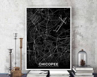 CHICOPEE Massachusetts MA USA map poster black white Hometown City Print Modern Home Decor Office Decoration Wall Art Dorm Bedroom Gift
