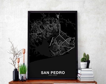 SAN PEDRO Ivory Coast map poster black white Hometown City Print Modern Home Decor Office Decoration Wall Art Dorm Bedroom Gift