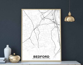 BEDFORD New Hampshire NH USA map poster black white Hometown City Print Modern Home Decor Office Decoration Wall Art Dorm Bedroom Gift
