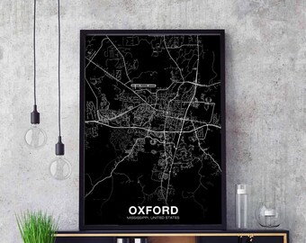 OXFORD Mississippi MS USA map poster black white Hometown City Print Modern Home Decor Office Decoration Wall Art Dorm Bedroom Gift