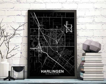 HARLINGEN Texas TX USA map poster black white Hometown City Print Modern Home Decor Office Decoration Wall Art Dorm Bedroom Gift