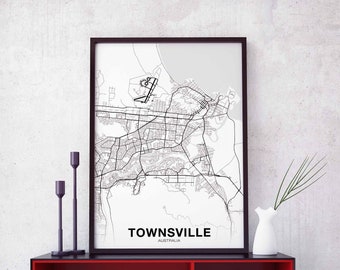 TOWNSVILLE Australia map poster black white Hometown City Print Modern Home Decor Office Decoration Wall Art Dorm Bedroom Gift