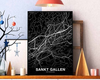 SANKT GALLEN Switzerland map poster black white Hometown City Print Modern Home Decor Office Decoration Wall Art Dorm Bedroom Gift