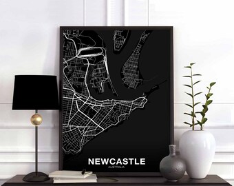 NEWCASTLE Australia map poster black white Hometown City Print Modern Home Decor Office Decoration Wall Art Dorm Bedroom Gift