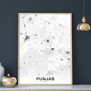 PUNJAB inde carte affiche noir blanc ville natale ville impression moderne décor à la maison bureau décoration mur art dortoir chambre cadeau