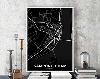 KAMPONG CHAM Cambodia map poster black white Hometown City Print Modern Home Decor Office Decoration Wall Art Dorm Bedroom Gift