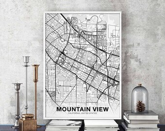 MOUNTAIN VIEW California CA us map poster black white  Hometown City Print Modern Home Decor Office Decoration Wall Art Dorm Bedroom Gift