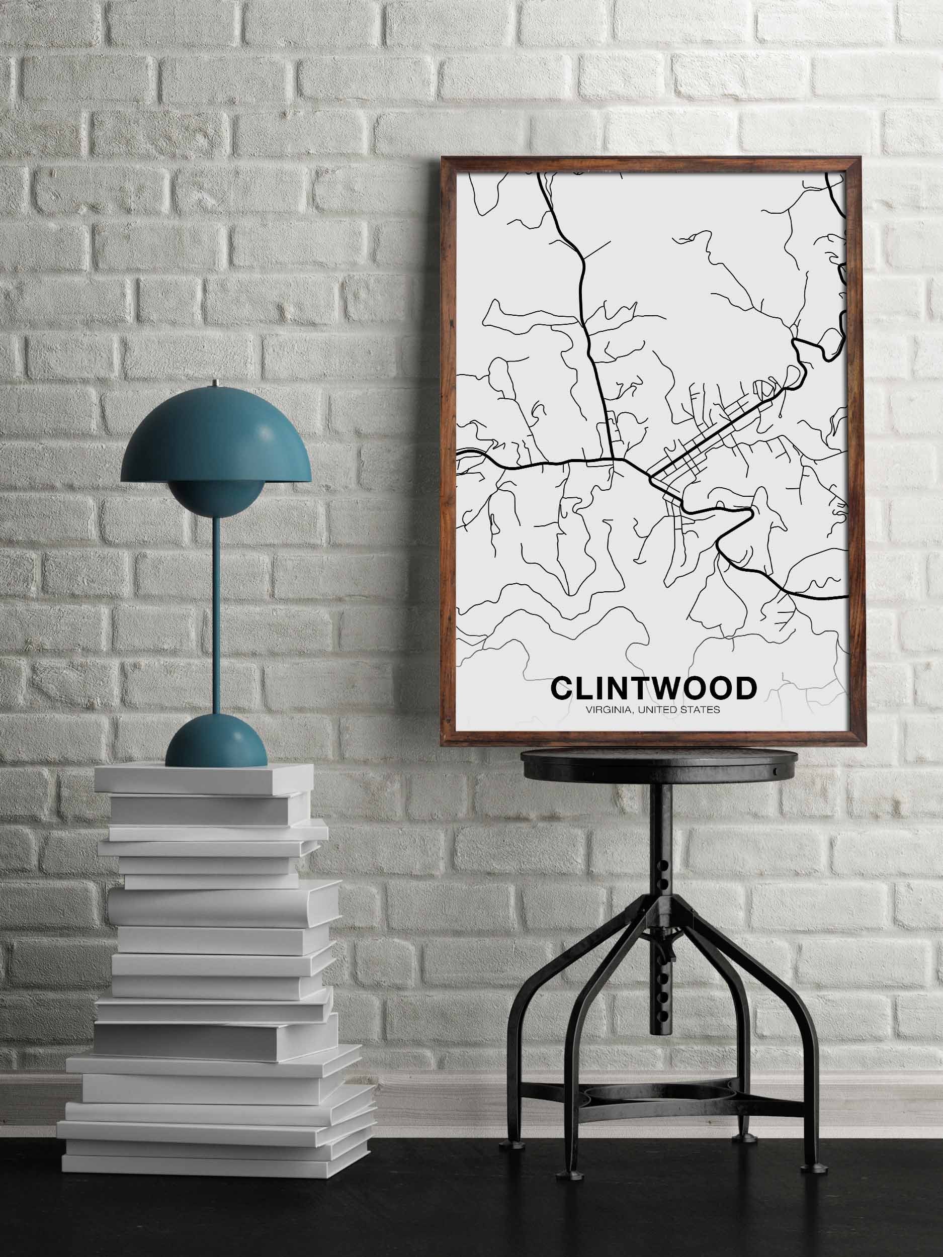 CLINTWOOD VA Virginia USA Map Poster Black White Hometown City pic