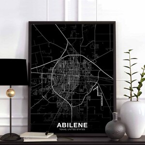 ABILENE Texas TX carte des États-Unis affiche noir blanc ville natale ville impression moderne décor à la maison bureau décoration mur art dortoir chambre cadeau
