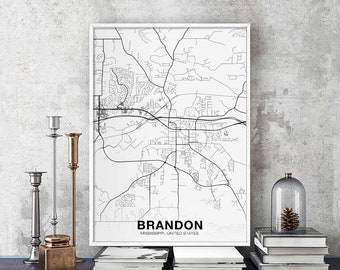 Brandon Mississippi MS map poster black white Hometown City Print Modern Home Decor Office Decoration Wall Art Dorm Bedroom Gift