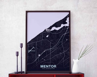 MENTOR Ohio OH USA map poster color Hometown City Print Modern Home Decor Office Decoration Wall Art Dorm Bedroom Gift