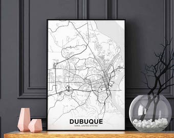DUBUQUE Iowa IA USA map poster black white Hometown City Print Modern Home Decor Office Decoration Wall Art Dorm Bedroom Gift