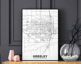 GREELEY Colorado CO USA map poster black white Hometown City Print Modern Home Decor Office Decoration Wall Art Dorm Bedroom Gift