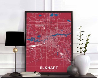 ELKHART Indiana IN USA poster color Hometown City Print Modern Home Decor Office Decoration Wall Art Dorm Bedroom Gift