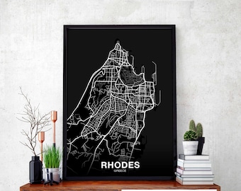 RHODES  Greece map poster black white Hometown City Print Modern Home Decor Office Decoration Wall Art Dorm Bedroom Gift