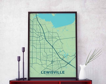 LEWISVILLE Texas TX USA map poster color Hometown City Print Modern Home Decor Office Decoration Wall Art Dorm Bedroom Gift