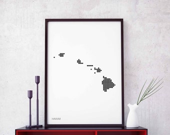 HAWAII US state minimal dots retro map poster black white wall decor design modern swiss scandinavian nordic housewarming travel