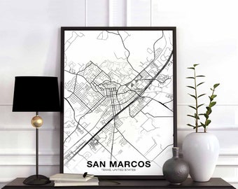 SAN MARCOS Texas TX usa map poster black white Hometown City Print Modern Home Decor Office Decoration Wall Art Dorm Bedroom Gift