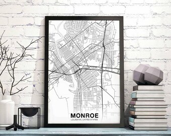 MONROE Louisiana LO US map poster black white  Hometown City Print Modern Home Decor Office Decoration Wall Art Dorm Bedroom Gift