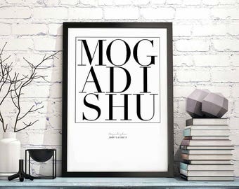 Mogadishu minimal typography art print poster black white wall decor design modern swiss scandinavian nordic inspiration city