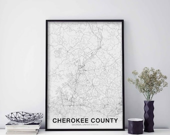 CHEROKEE County Georgia GA USA map poster black white  Hometown City Print Modern Home Decor Office Decoration Wall Art Dorm Bedroom Gift