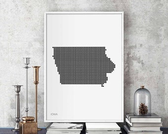 IOWA US state minimal dots retro map poster black white wall decor design modern swiss scandinavian nordic housewarming travel