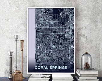 CORAL SPRINGS Florida FL us map poster color Hometown City Print Modern Home Decor Office Decoration Wall Art Dorm Bedroom Gift