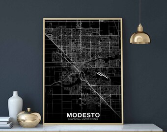 MODESTO California CA USA map poster black white Hometown City Print Modern Home Decor Office Decoration Wall Art Dorm Bedroom Gift