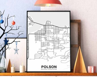 POLSON Montana MT USA map poster black white Hometown City Print Modern Home Decor Office Decoration Wall Art Dorm Bedroom Gift