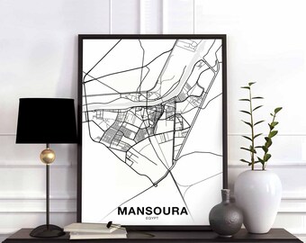 MANSOURA Egypt map poster black white Hometown City Print Modern Home Decor Office Decoration Wall Art Dorm Bedroom Gift