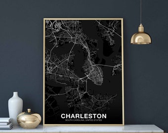CHARLESTON South Carolina SC USA map poster black white Hometown City Print Modern Home Decor Office Decoration Wall Art Dorm Bedroom Gift