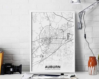 AUBURN Alabama AL US map poster black white Hometown City Print Modern Home Decor Office Decoration Wall Art Dorm Bedroom Gift