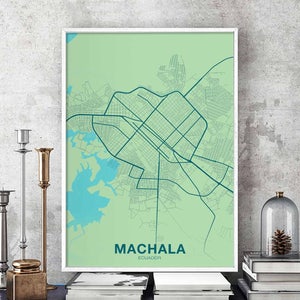 May include: A green and blue city map print with the name "Machala, Ecuador" at the bottom.