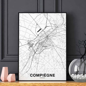 Póster de mapa de COMPIEGNE, Francia, en blanco y negro, impresión de ciudad natal, decoración moderna para el hogar, decoración de oficina, arte de pared, dormitorio, regalo