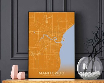 MANITOWOC Wisconsin WI US map poster color Hometown City Print Modern Home Decor Office Decoration Wall Art Dorm Bedroom Gift