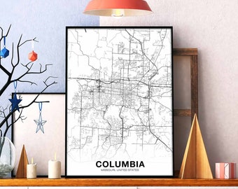 COLUMBIA Missouri MO USA map poster black white Hometown City Print Modern Home Decor Office Decoration Wall Art Dorm Bedroom Gift