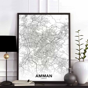 AMMAN jordanie carte affiche noir blanc ville natale ville impression moderne décor à la maison bureau décoration mur art dortoir chambre cadeau