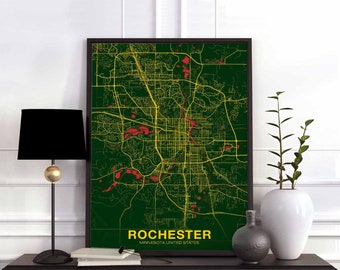 ROCHESTER Minnesota MN USA map poster color Hometown City Print Modern Home Decor Office Decoration Wall Art Dorm Bedroom Gift