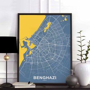 BENGHAZI libye carte affiche couleur ville natale ville impression moderne décor à la maison bureau décoration mur art dortoir chambre cadeau art