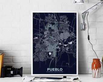 PUEBLO Colorado CO US map poster color Hometown City Print Modern Home Decor Office Decoration Wall Art Dorm Bedroom Gift