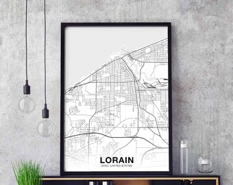 LORAIN Ohio OH USA map poster black white  Hometown City Print Modern Home Decor Office Decoration Wall Art Dorm Bedroom Gift