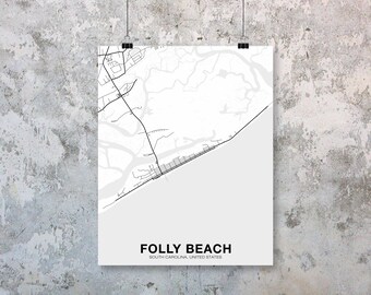 FOLLY BEACH South Carolina SC map poster black white Hometown City Print Modern Home Decor Office Decoration Wall Art Dorm Bedroom Gift
