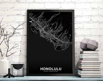 HONOLULU Hawaii HI USA map poster black white Hometown City Print Modern Home Decor Office Decoration Wall Art Dorm Bedroom Gift