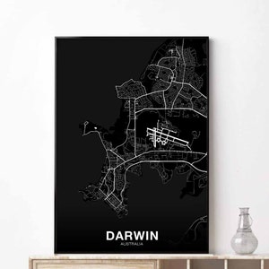 DARWIN australie carte affiche noir blanc ville natale ville impression moderne décor à la maison bureau décoration mur art dortoir chambre cadeau