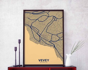VEVEY Switzerland Schweiz Suisse map poster color Hometown City Print Modern Home Decor Office Decoration Wall Art Dorm Bedroom Gift