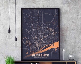 FLORENCE Alabama AL USA map poster color Hometown City Print Modern Home Decor Office Decoration Wall Art Dorm Bedroom Gift
